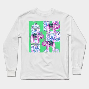 Pink elephants and ginger jars on lime green Long Sleeve T-Shirt